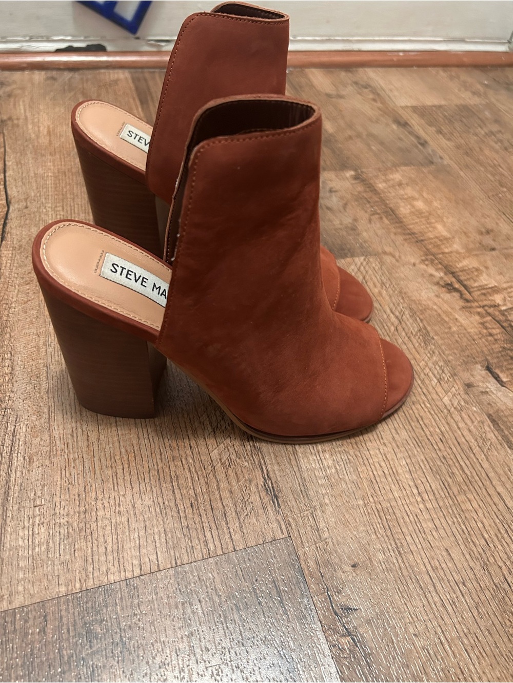 Steve Madden Burnt Orange Suede Peep-Toe Block Heel Mules